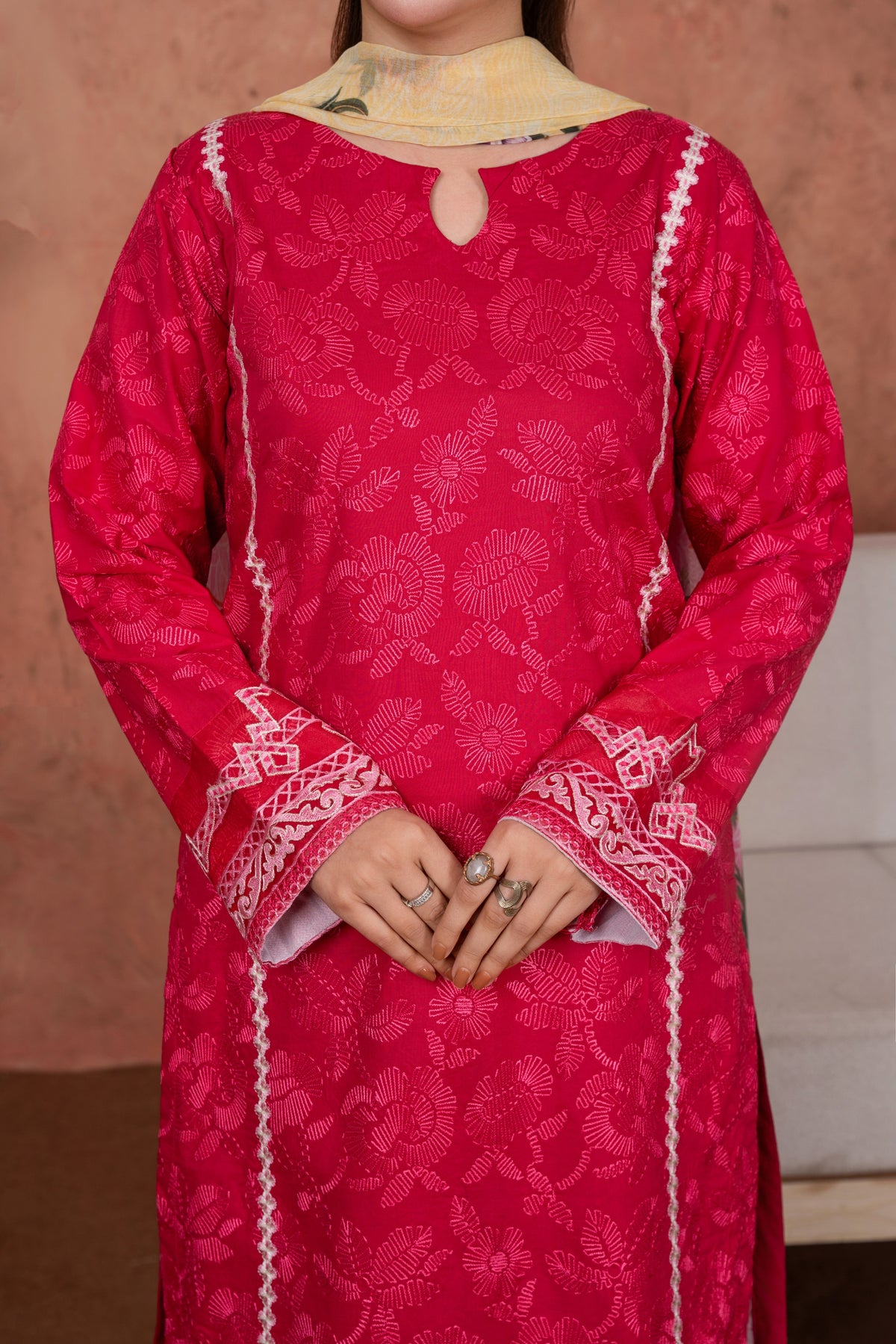 Fuchsia Cameo Trim-Embroidered 3pc