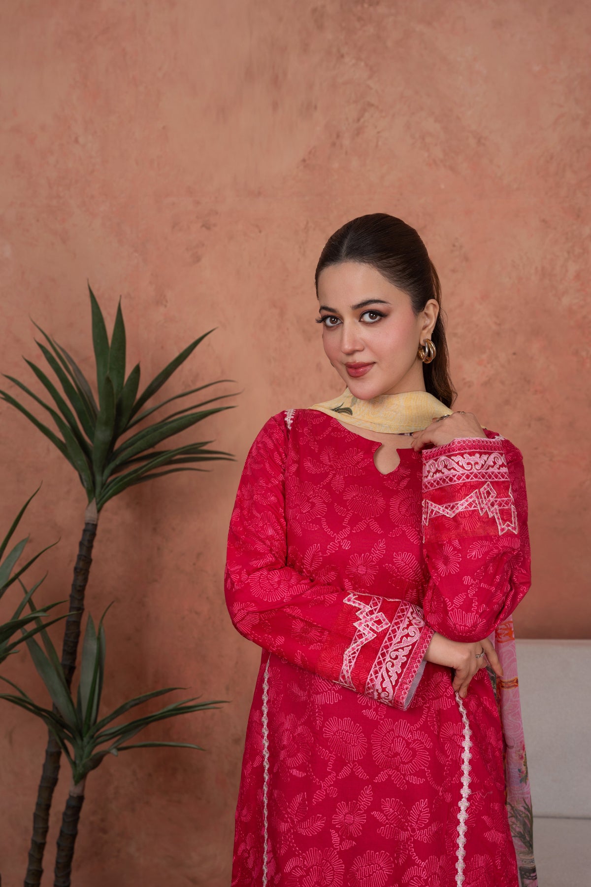 Fuchsia Cameo Trim-Embroidered 3pc