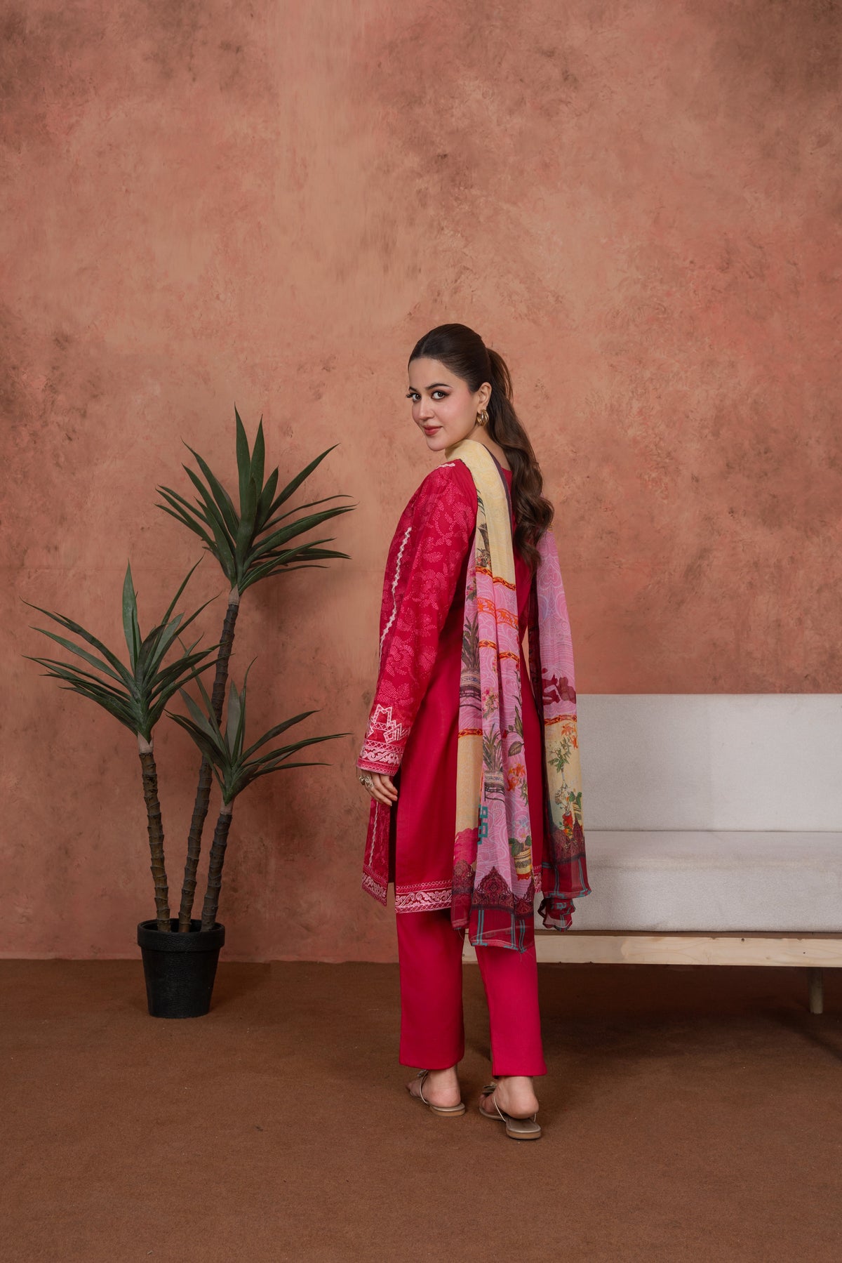 Fuchsia Cameo Trim-Embroidered 3pc